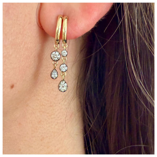 Cascade lab-grown diamond drop earrings in 14K yellow gold featuring three graduated diamond-set drops beneath polished gold hoops.